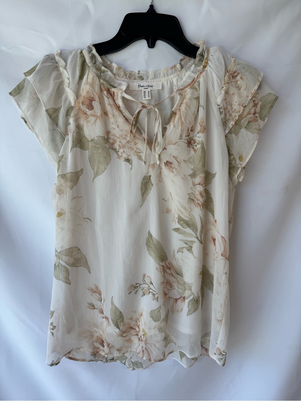 Hannah & Me Cream Floral Tie-Neck Ruffle Sleeve Blouse